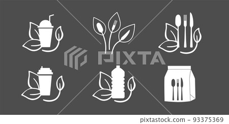 Fast food and take away vegan friendly eco packaging symbol for restaurant, cafe, diner. Plastic free and recyclable. Editable stroke. Vector stock illustration isolated on black background. EPS10 93375369