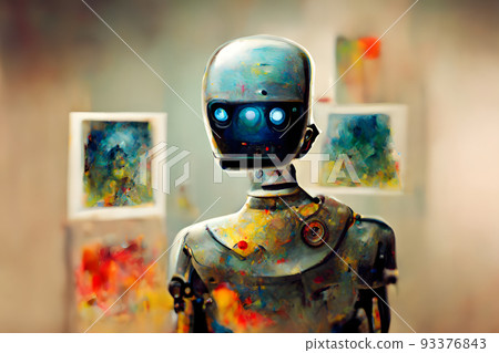 anthropomorphic robot artist in his studio, close portrait, neural network ai generated art 93376843