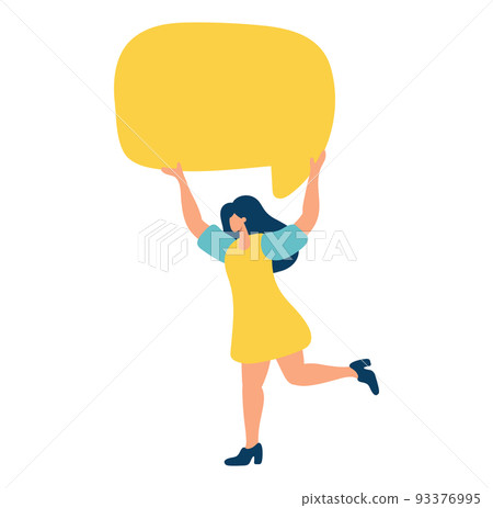 Young flat vector woman holding yellow speech bubble. Concept of announcement, advertising, promotion, business, demonstration, empty template illustration 93376995