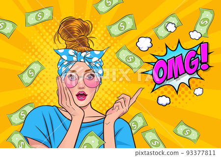 surprise business woman successful and shocking with Falling Money say WOW OMG Pop art retro comic style 93377811