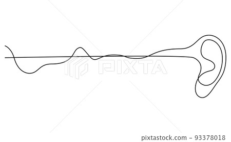 Human ear and weak audio wave continuous line drawing. Hearing problems concept. Hearing clinic, audiologist, otolaryngologist symbol. Business corporate identity template. Vector illustration. 93378018
