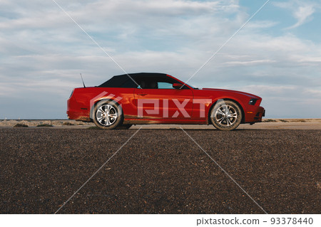 BONNEVILLE ,UTAH, USA JUNE 4, 2015 Photo of a Ford Mustang Convertible 2012 version at Bonneville Salt Flats,Utah,USA. The fifth generation began with the 2005 model year to 2014. 93378440