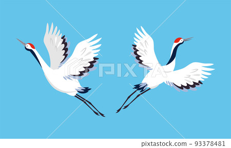 Beautiful flying crane birds. White stork, egret, heron vector illustration 93378481