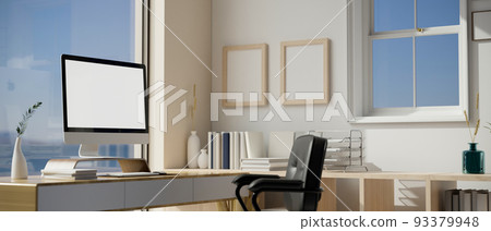 Minimal and comfortable office workplace interior design with computer desktop mockup Minimal and comfortable office workplace interior design with computer desktop mockup 93379948