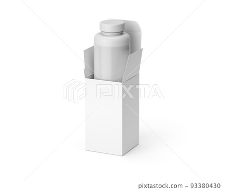 Closeup of opened blank drug box with pill bottle pack isolated on white Closeup of opened blank drug box with pill bottle pack isolated on white 93380430