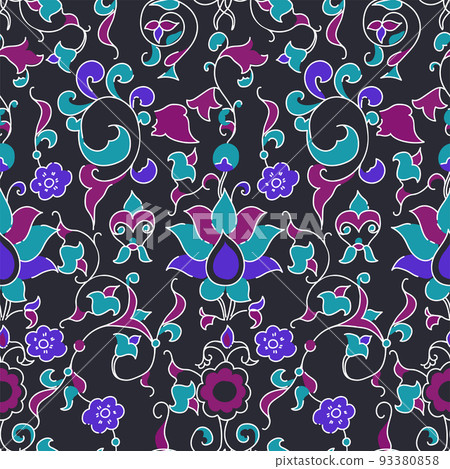 Line art blue damask pattern for fabric design. Modern cover design set. Vector texture. Geometric vector surface.  93380858