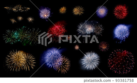 Multicolored fireworks set isolated on a black background. Multicolored fireworks set isolated on a black background. 93381758