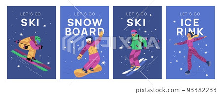 Winter sport posters. People snowboarding. Downhill skiing and ice skating. Athletes characters. Outdoor activities. Cold season leisure. Skiers and snowboarders. Garish vector cards set 93382233