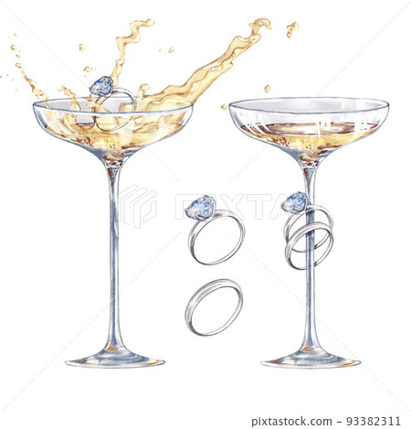 Festive wine glasses with splashes of champagne. Isolated on white. Wedding Set Festive wine glasses with splashes of champagne. Isolated on white. Wedding Set 93382311