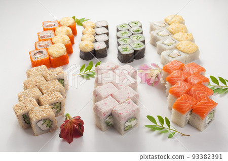 assorted or set of sushi rolls on a white background assorted or set of sushi rolls on a white background 93382391