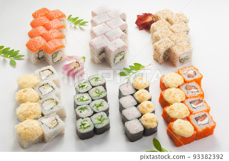 assorted or set of sushi rolls on a white background assorted or set of sushi rolls on a white background 93382392