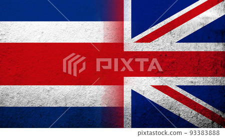 National flag of United Kingdom (Great Britain) Union Jack with Republic of Costa Rica National flag. Grunge background National flag of United Kingdom (Great Britain) Union Jack with Republic of Costa Rica National flag. Grunge background 93383888