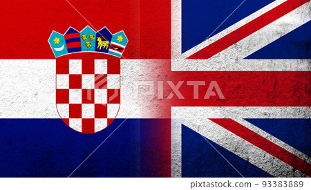 National flag of United Kingdom (Great Britain) Union Jack with Republic of Croatia National flag. Grunge background National flag of United Kingdom (Great Britain) Union Jack with Republic of Croatia National flag. Grunge background 93383889