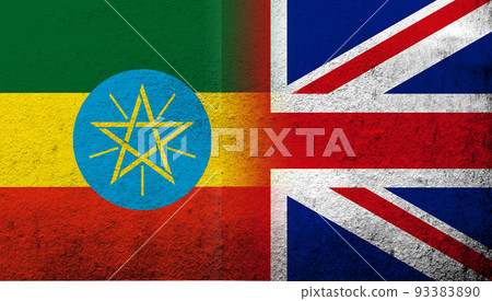 National flag of United Kingdom (Great Britain) Union Jack with Republic of Ethiopia National flag. Grunge background National flag of United Kingdom (Great Britain) Union Jack with Republic of Ethiopia National flag. Grunge background 93383890