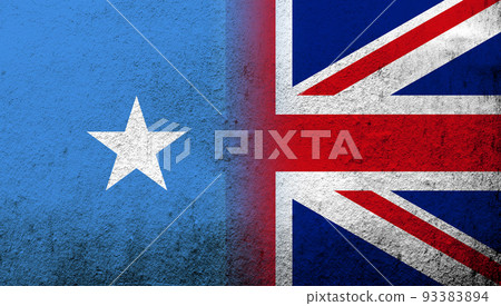 National flag of United Kingdom (Great Britain) Union Jack with Republic of Somalia National flag. Grunge background National flag of United Kingdom (Great Britain) Union Jack with Republic of Somalia National flag. Grunge background 93383894