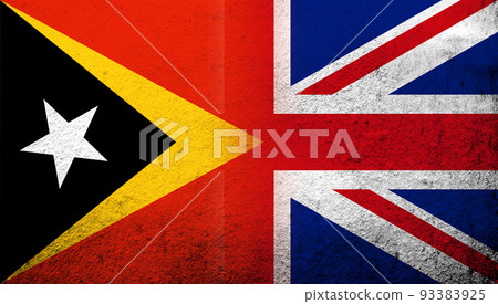 National flag of United Kingdom (Great Britain) Union Jack with Republic of Timor-Leste (East Timor) National flag. Grunge background 93383925