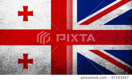 National flag of United Kingdom (Great Britain) Union Jack with The national five star flag of the country of Georgia. Grunge background 93383947