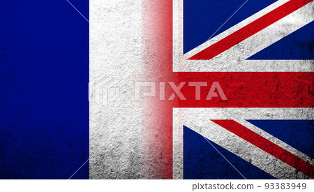 National flag of United Kingdom (Great Britain) Union Jack with The national flag of France. Grunge background 93383949