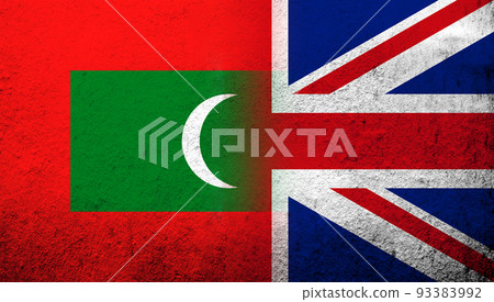 National flag of United Kingdom (Great Britain) Union Jack with The Republic of Maldives National flag. Grunge background National flag of United Kingdom (Great Britain) Union Jack with The Republic of Maldives National flag. Grunge background 93383992