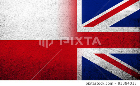 National flag of United Kingdom (Great Britain) Union Jack with The Republic of Poland national flag. Grunge background 93384015