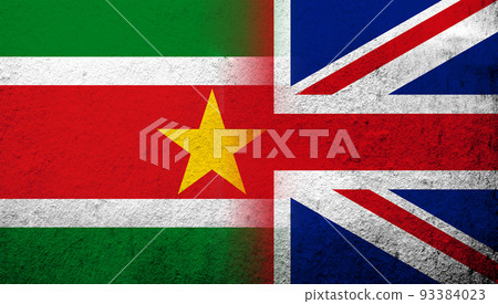 National flag of United Kingdom (Great Britain) Union Jack with The Republic of Suriname National flag. Grunge background 93384023