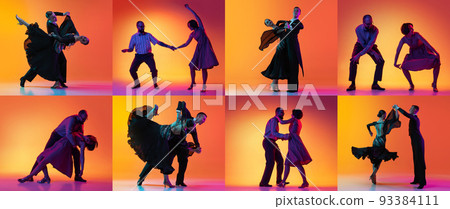 Collage with images of young dance ballroom couples in stage attires dancing over orange background in neon light. 93384111