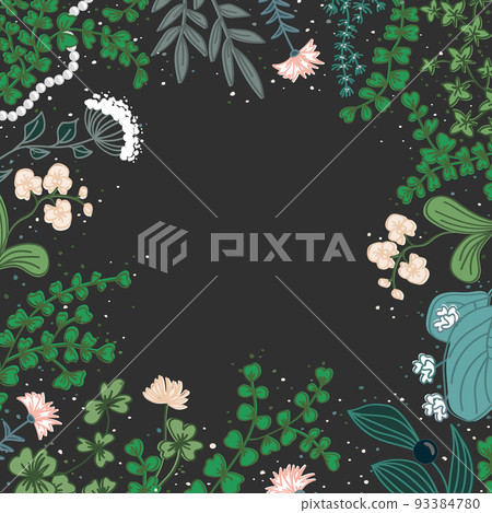 Square frame with cute wild flowers and herbs. Colorful vintage dark background. Vector illustration Square frame with cute wild flowers and herbs. Colorful vintage dark background. Vector illustration 93384780