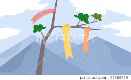 [Vector] Ribbon background hanging from the tree on the top of the mountain 93384839