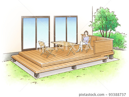Middle-aged woman relaxing on a wooden deck 93388737