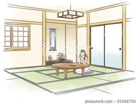 A young woman relaxing at a table in a Japanese-style room 93388750