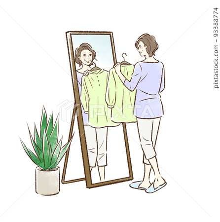 中年婦女與觀葉植物在全身鏡前搭配衣服_無背景 93388774