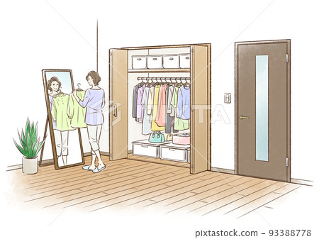 一位中年婦女在穿衣鏡前搭配衣服 93388778