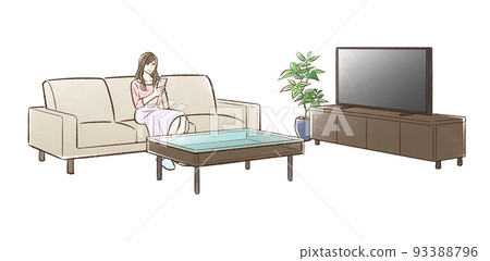 A young woman sitting on a sofa in the living room and looking at a smartphone_no background 93388796