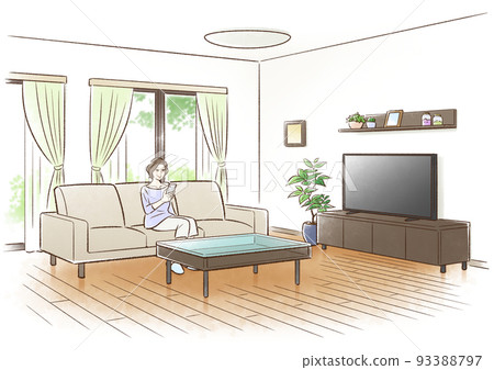 中年婦女坐在客廳的沙發上，看著她的智能手機 93388797