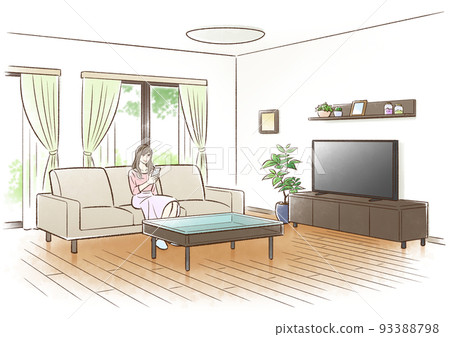 年輕女子坐在客廳的沙發上,看著她的智能手機 年輕女子坐在客廳的沙發上,看著她的智能手機 93388798