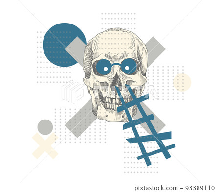 Art collage vintage human skull with stairs, halftone forms and circles. Zine Culture style banner. Hipster trending concept Tattoo, t-shirt design. Realistic hand drawn sketch. Skeleton head Vector Art collage vintage human skull with stairs, halftone forms and circles. Zine Culture style banner. Hipster trending concept Tattoo, t-shirt design. Realistic hand drawn sketch. Skeleton head Vector 93389110