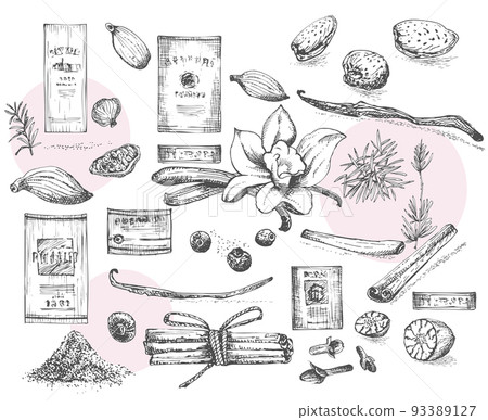 Set of hand drawn wine labels and Christmas winter spices pattern used in made desserts, hot mulled wine, homemade cookies Vintage style. Design for menu, recipes, greeting cards. 93389127