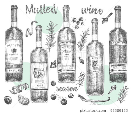 Set of hand drawn Christmas winter spices pattern and bottles of wine for traditionally hot winter drinks. Mulled wine, eggnog, grog. Good idea for templates menu, recipes, greeting cards 93389133
