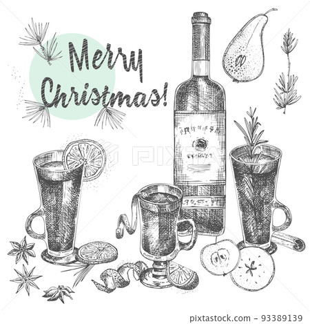 Set of hand drawn Christmas winter spices pattern, glasses of traditionally hot winter drinks and wine bottle . Good idea for templates menu, recipes, greeting cards 93389139