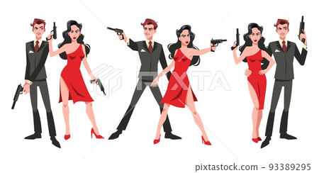 Secret super agents couple. Cartoon man and women spy characters with weapons, different poses, red dress and formal suit, gentleman and lady criminal persons with guns. Tidy vector set Secret super agents couple. Cartoon man and women spy characters with weapons, different poses, red dress and formal suit, gentleman and lady criminal persons with guns. Tidy vector set 93389295