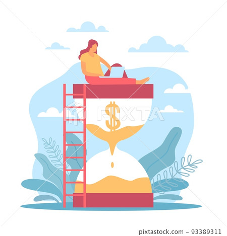 Money management, time and expenditure of funds. Woman sitting on hourglass with laptop, dollar sign. Investment and profit, income growth. Savings strategy. Vector cartoon flat concept 93389311