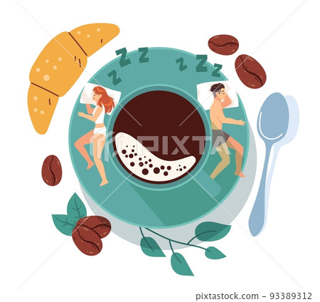 Monday hard morning, daily morning wake up challenge. Sleepy man and woman sleeping on pillows, coffee cup top view, espresso and croissant. Early breakfast. Vector cartoon flat concept Monday hard morning, daily morning wake up challenge. Sleepy man and woman sleeping on pillows, coffee cup top view, espresso and croissant. Early breakfast. Vector cartoon flat concept 93389312