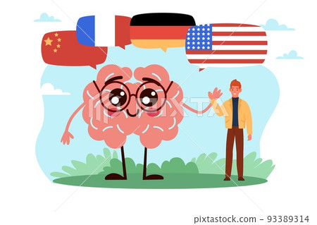 International teaching, language learning. Huge human brain and countries flags, education for adults, English German and Chinese languages. Translation service. Vector cartoon flat concept International teaching, language learning. Huge human brain and countries flags, education for adults, English German and Chinese languages. Translation service. Vector cartoon flat concept 93389314