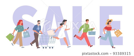 Hurrying people group on sale time. Buyers run around store, discount season, black friday, speed product search, huge letters and tiny consumers, nowaday vector cartoon flat concept Hurrying people group on sale time. Buyers run around store, discount season, black friday, speed product search, huge letters and tiny consumers, nowaday vector cartoon flat concept 93389315