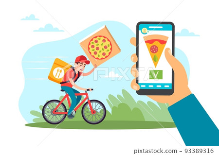 Home food delivery service, online mobile ordering application, catering industry. Boy on bicycle fast courier, express food shipping, hand hold smartphone. Vector cartoon flat concept Home food delivery service, online mobile ordering application, catering industry. Boy on bicycle fast courier, express food shipping, hand hold smartphone. Vector cartoon flat concept 93389316