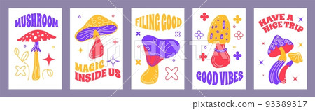 Hippie mushroom posters. Hallucinogen hippie organic food, peace and happiness, distorted forms, 60s retro culture cards, trippy groovy phrases, vertical banner, swanky vector set Hippie mushroom posters. Hallucinogen hippie organic food, peace and happiness, distorted forms, 60s retro culture cards, trippy groovy phrases, vertical banner, swanky vector set 93389317