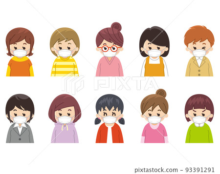 一個戴著面具的年輕女子的圖標集各種變化 93391291