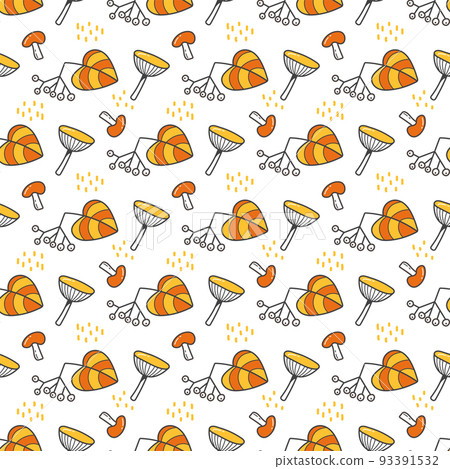 Seamless autumn pattern with the image of a mushrooms and a berries on a white background. Abstract geometric texture. Cute style for the design of gift packages and textiles. 93391532
