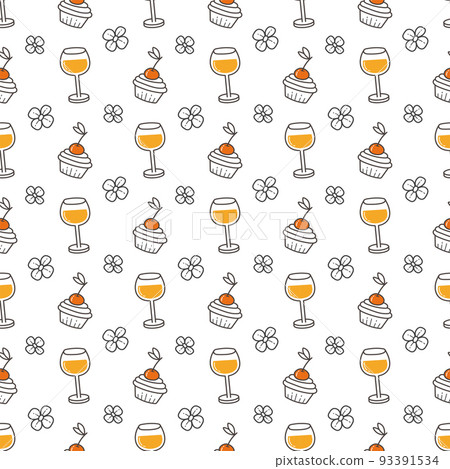 Seamless pattern with the image of a glass of wine and a muffin on a white background. Abstract geometric texture. Cute style for the design of gift packages and textiles. 93391534