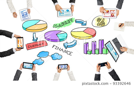 Top view of businesspeople sitting at table and using gadgets Top view of businesspeople sitting at table and using gadgets 93392646